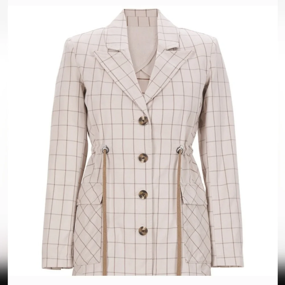 Cabi Windowpane Jacket Style # 6026 Taupe Cinched Waist Size Small